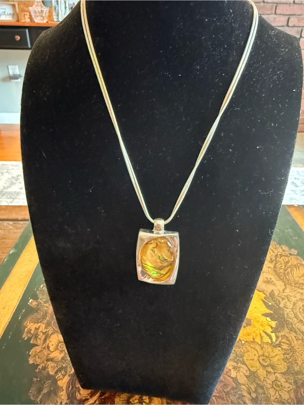 Kenneth Cole Silver-Tone Necklace with Iridescent Amber Pendant